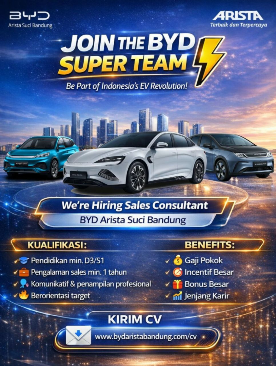 Poster lowongan Sales Consultant di BYD Arista Suci Bandung